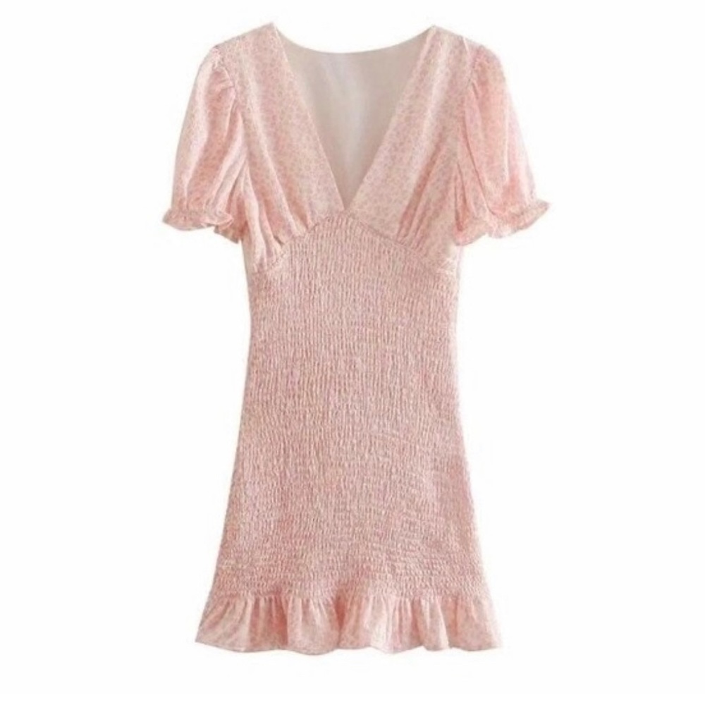 Zara Cream & Pink Ditzy Micro Floral Smock Ruffle Hem Mini Dress NWT